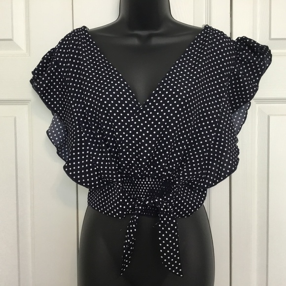 Umgee Tops - Umgee Wrap Front/Back Polka Dot Ruffled Crop Top